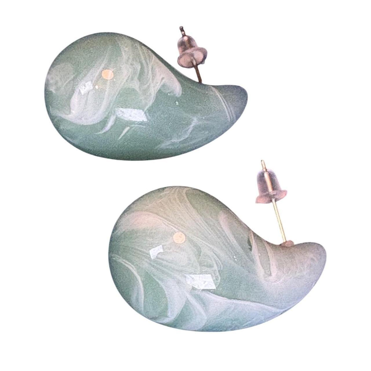 Teardrop Marbled Resin Dangle Earrings Green White Swirl Post Back