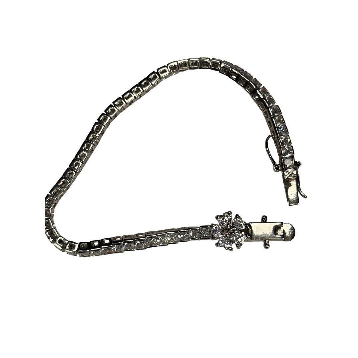Sparkling Flower Accent Tennis Bracelet Silver Tone Clear Crystal